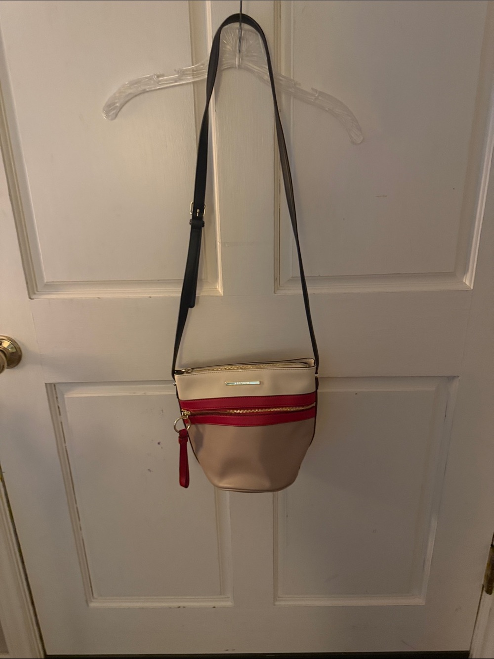 Anne Klein Beige and Red Crossbody Bag with Adjustable Black Strap